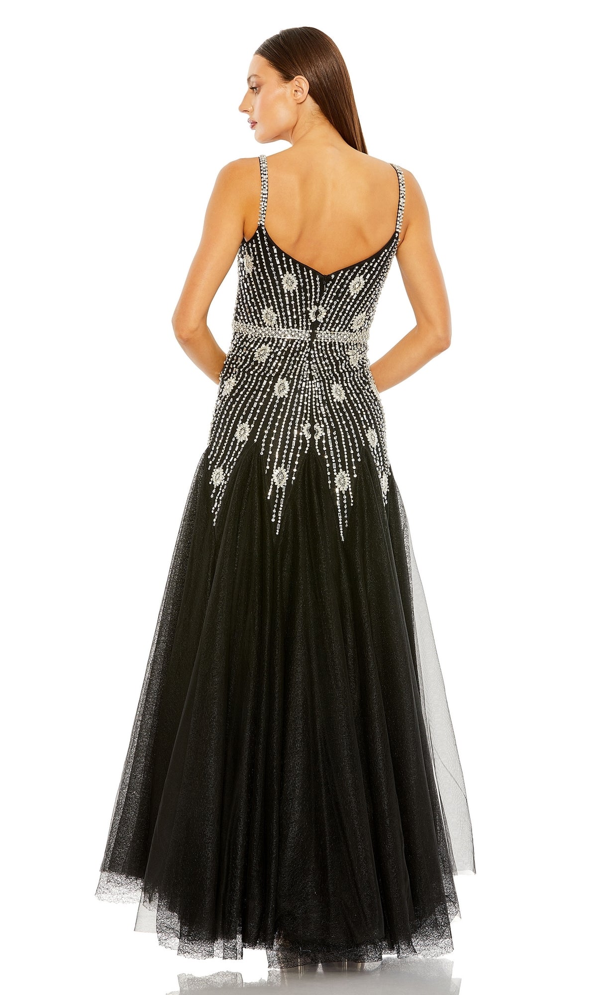 Woman shown from the back wearing Long Formal Dress 2236 by Mac Duggal: a sleeveless black tulle ball gown with silver embellishments, fitted waist, and flared skirt.
